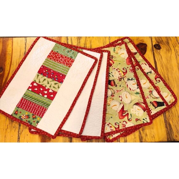 Vintage 90s Handmade Set of 6 Christmas Placemats Reversible Snowmen Trees light - Picture 1 of 6